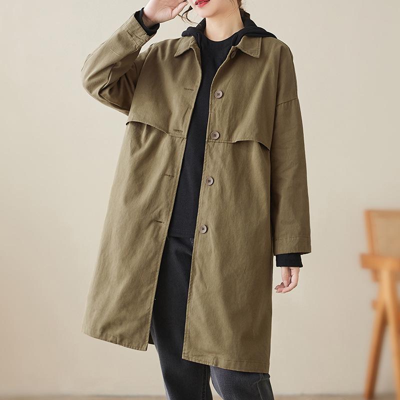 Versatile Mid-Length Trench Coat: 2026 Korean-Style Casual Loose Fit, Solid Color, Women s Spring Jacket XL армия зеленый
