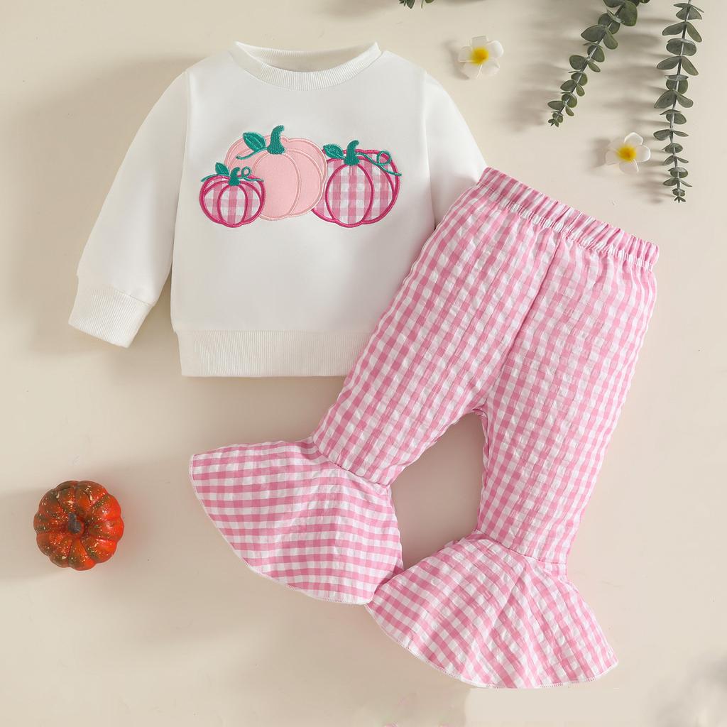 Baby Mädchen Halloween Kürbis Stickerei Pullover Rundhals Langarm Sweatshirt mit Elastischer Taille Schlaghosen Set