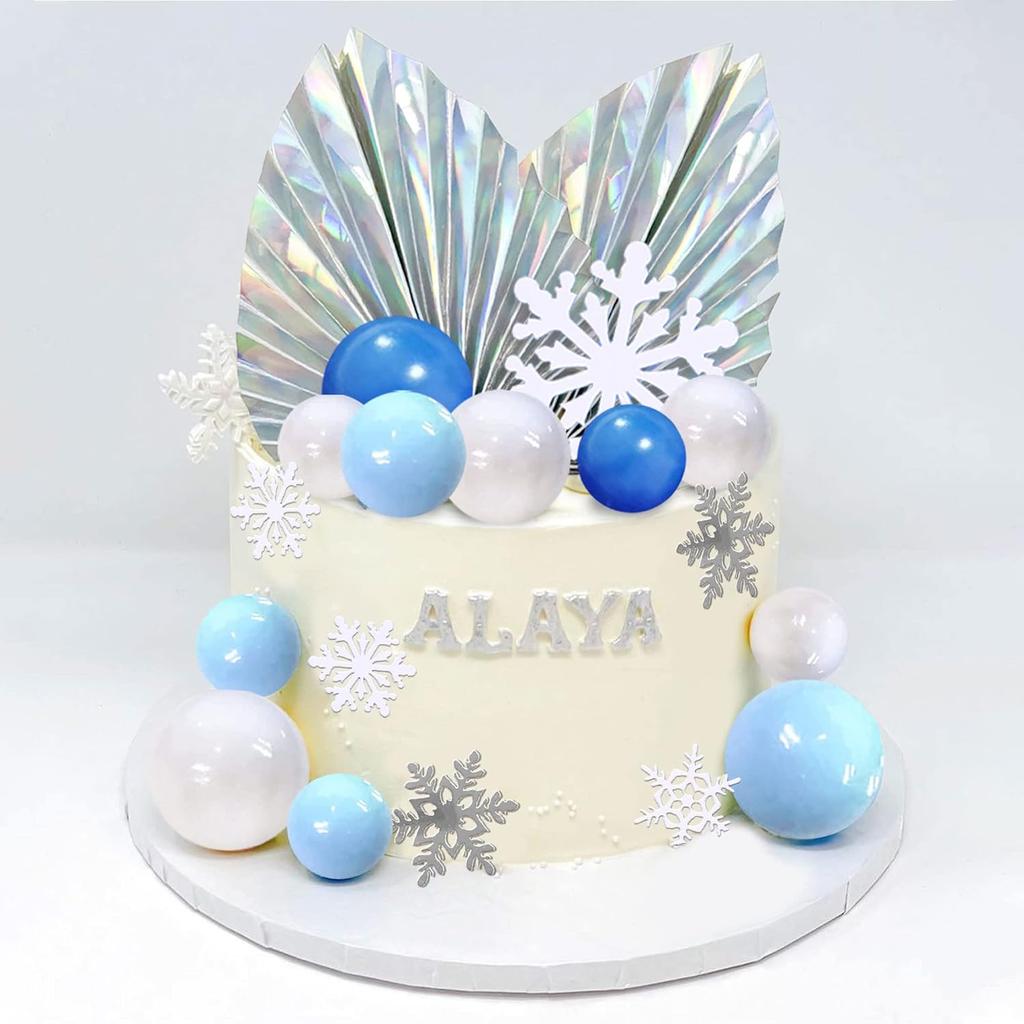44 PCS Snowflake Cake Toppers Frozen Cake Toppers Blue Ball Cake Decoration for Wedding Christmas Winter Theme Birthday Party