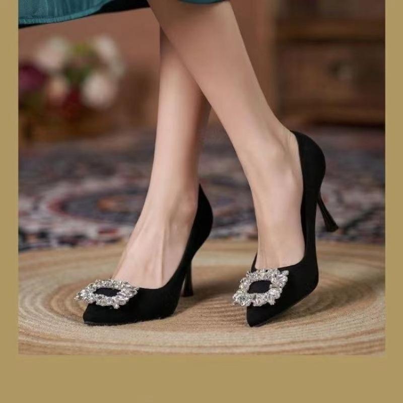 חדש באביב ובסתיו אופנה מזדמנת נעלי כלה פנינת סטילטו ריבוע ריינסטון נעלי עקב סקסיות ונוחות