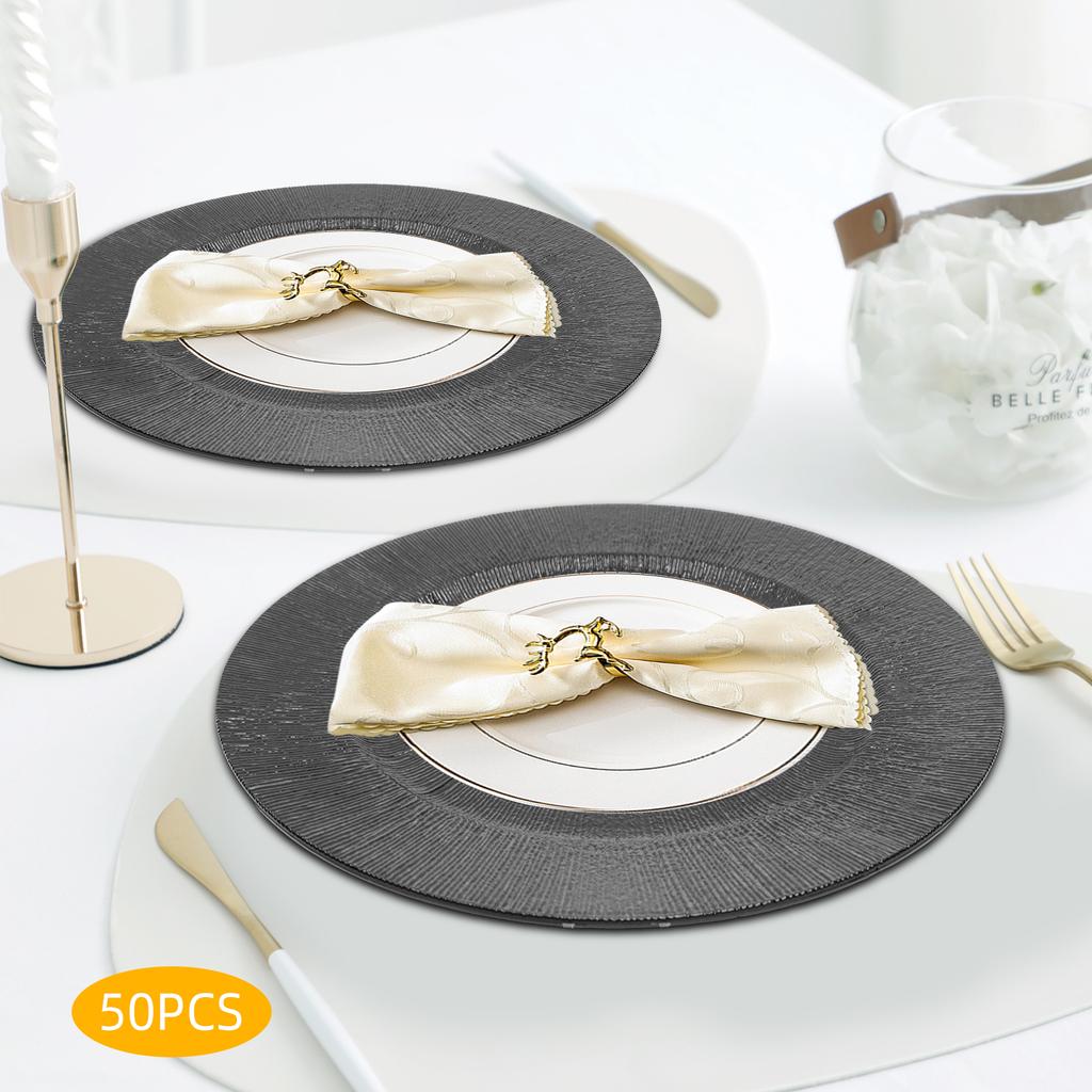 50-Pack Black Disposable Charger Plates, 13-Inch Round Plastic Tray for Wedding Party Catering, Dessert Plates Set for Events