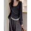 Stylish Patchwork Long-Sleeve Slim T-Shirt for Women, Spring/Autumn