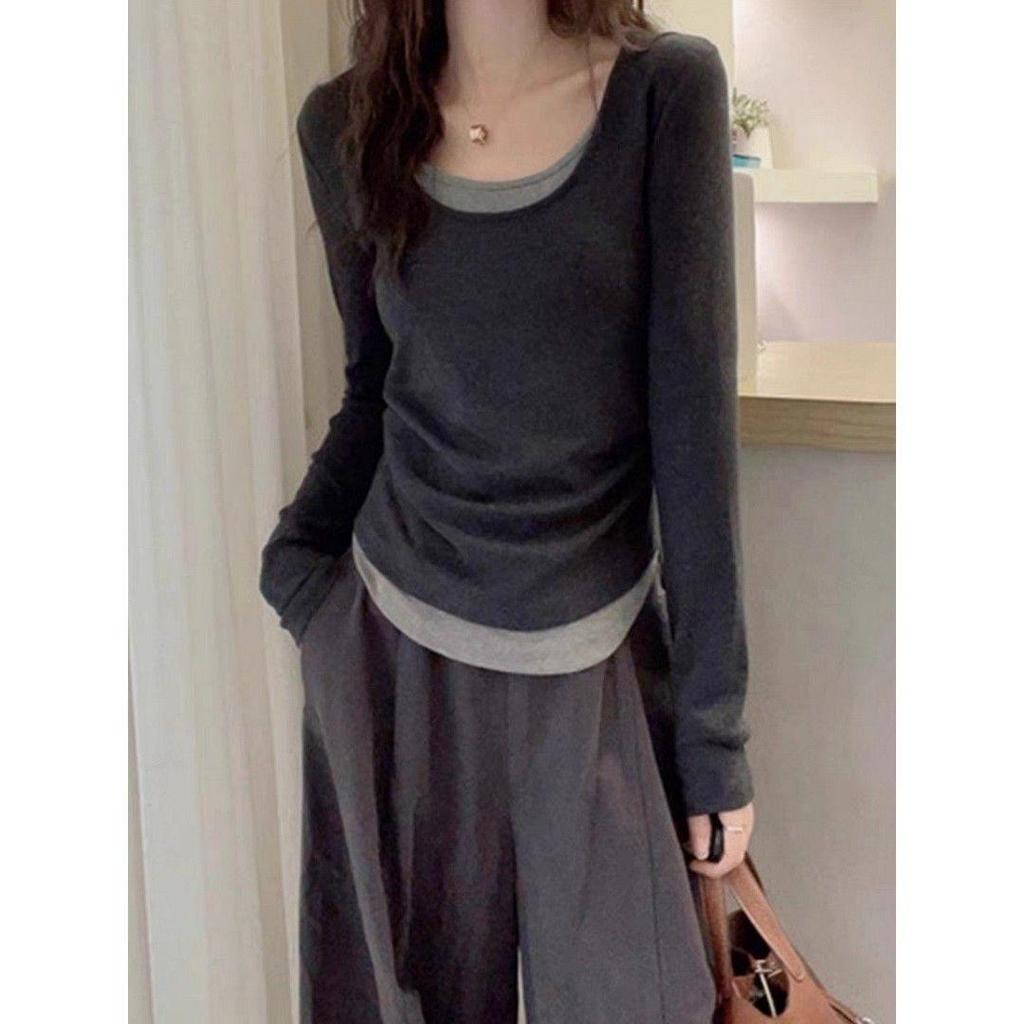 Stylish Patchwork Long-Sleeve Slim T-Shirt for Women, Spring/Autumn