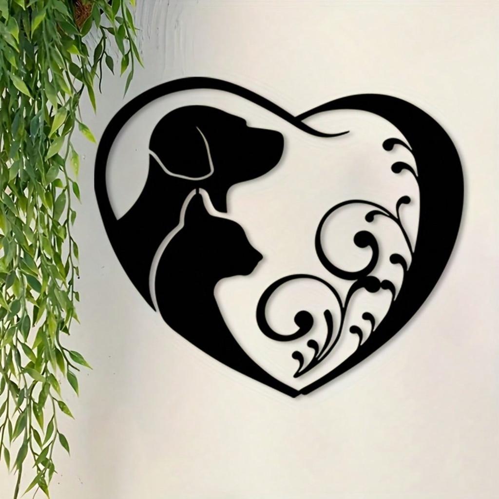 Pet Heart Shape Metal Wall Art Black Silhouette Dog Cat Lover Gift Indoor Outdoor Decor