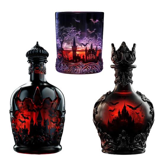 Gothic Vampires Whiskey Decanter Glass Liquor Bottle with Bat Castle Design Halloween
