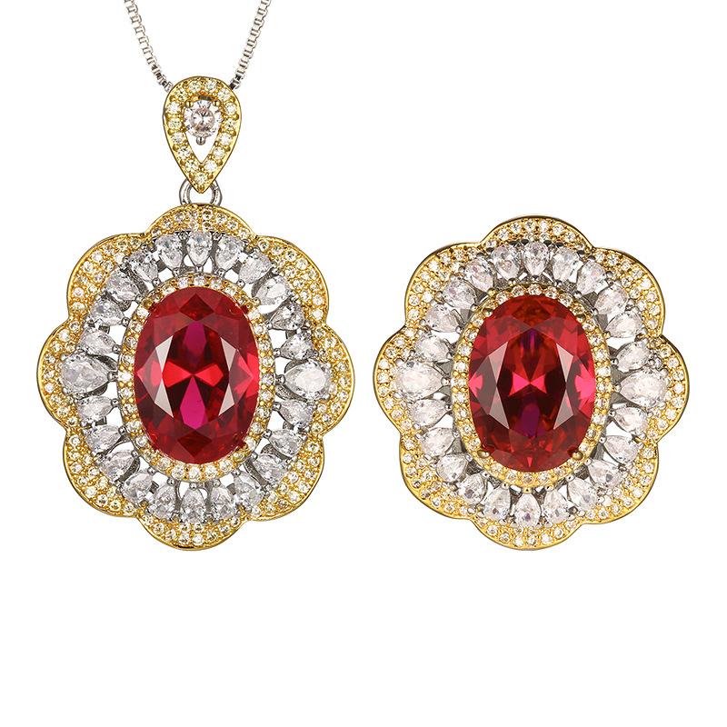 Luxury Oval Blue Sapphire Red Ruby Ring Necklace Adjustable Gold Tone Flower Halo CZ Stone Jewelry for Women Wedding Party Gift