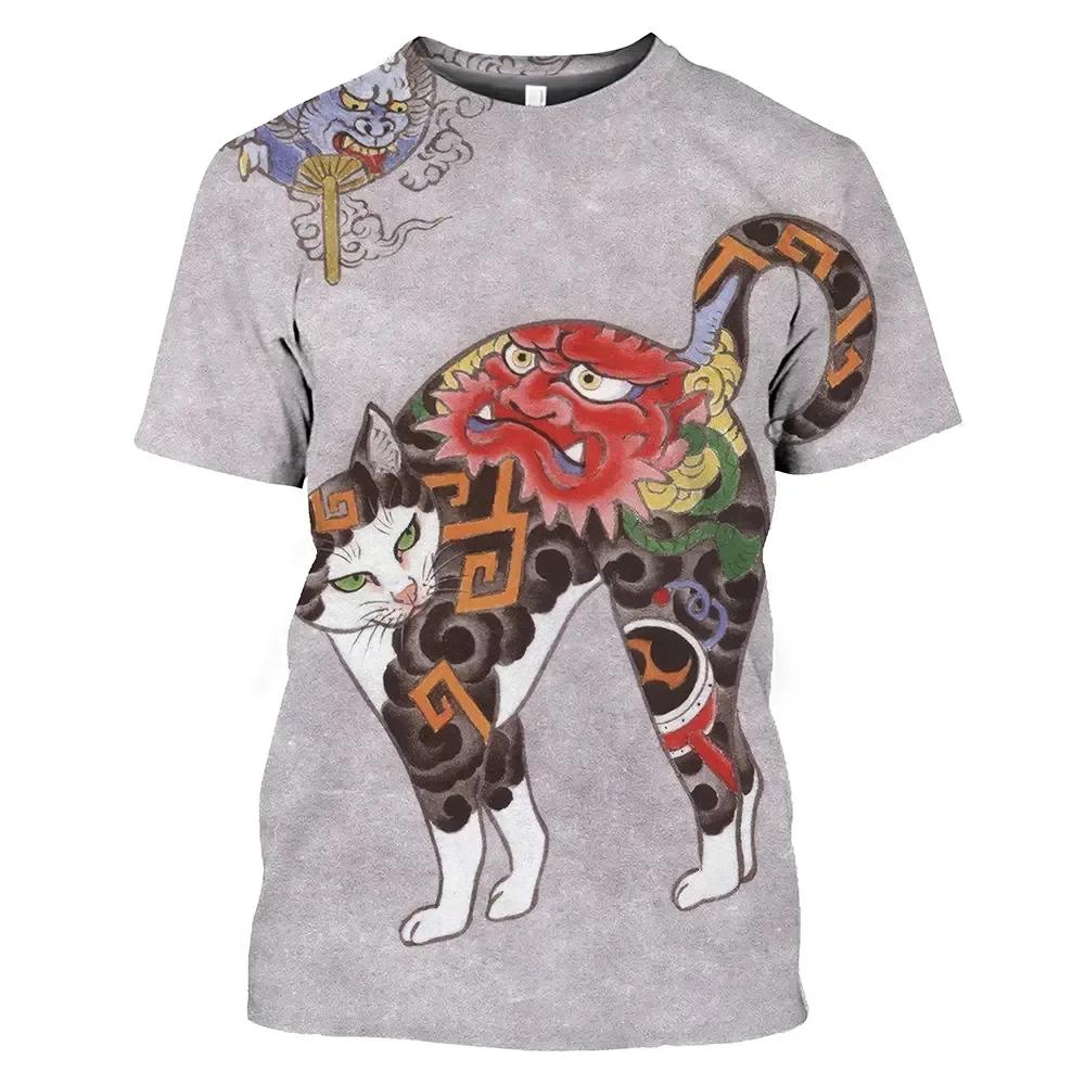 New Vintage T Shirt Men Japanese Style Short Sleeve Tops 3D Cat Tattoo Print O-neck T-shirts Oversized Tee Shirt Men Clothing