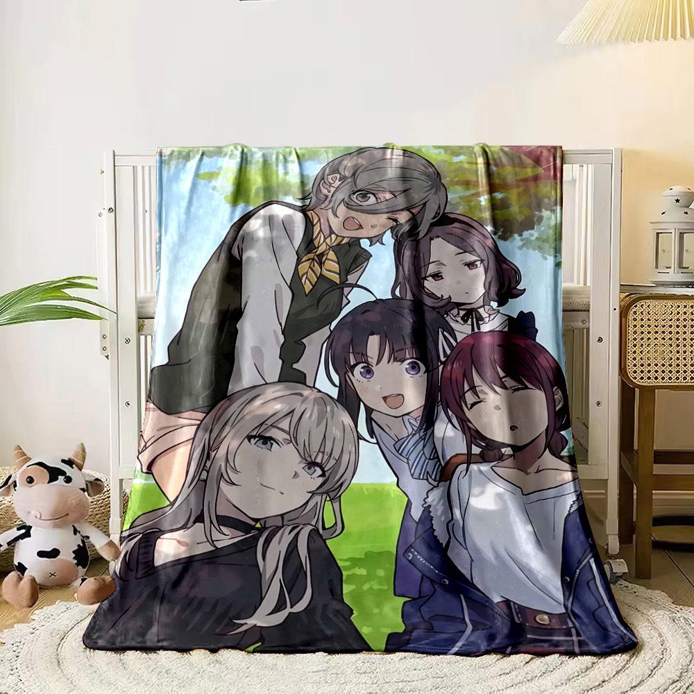 

A group of anime-style characters posing outdoors under tree shade. for all seasons blanket lunch break throw gift 80cm x 120cm