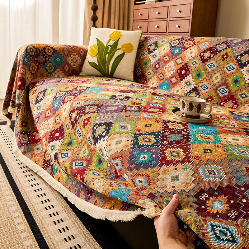Jacquard Cotton Linen Sofa Towel Ethnic Style Thicken Settee Cloth Retro Style Living Room Dust Cover Multi Functional Blanket