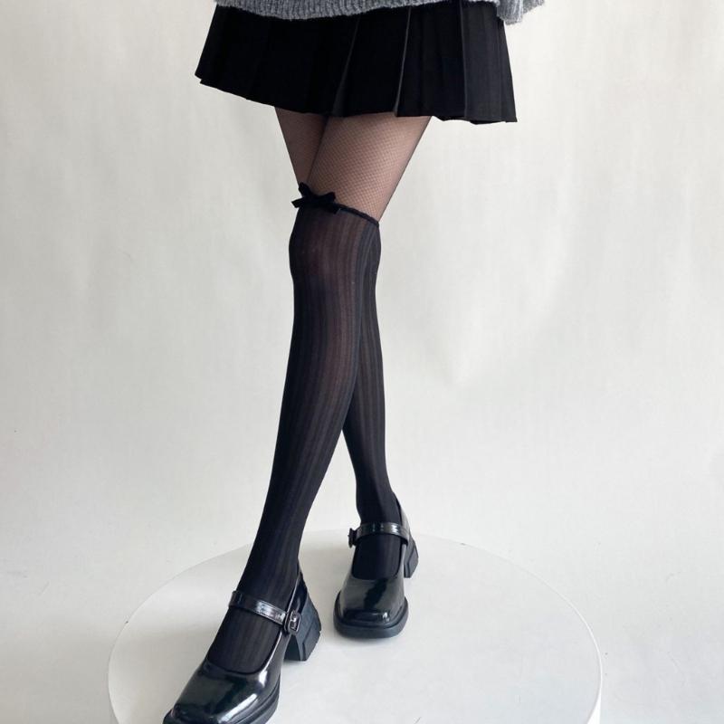 Women Contrast Sheer Mesh Splicing Pantyhose Fake Thigh High Stockings Elegant Ruffle Trim Bowknot Silk Tights Leggings
