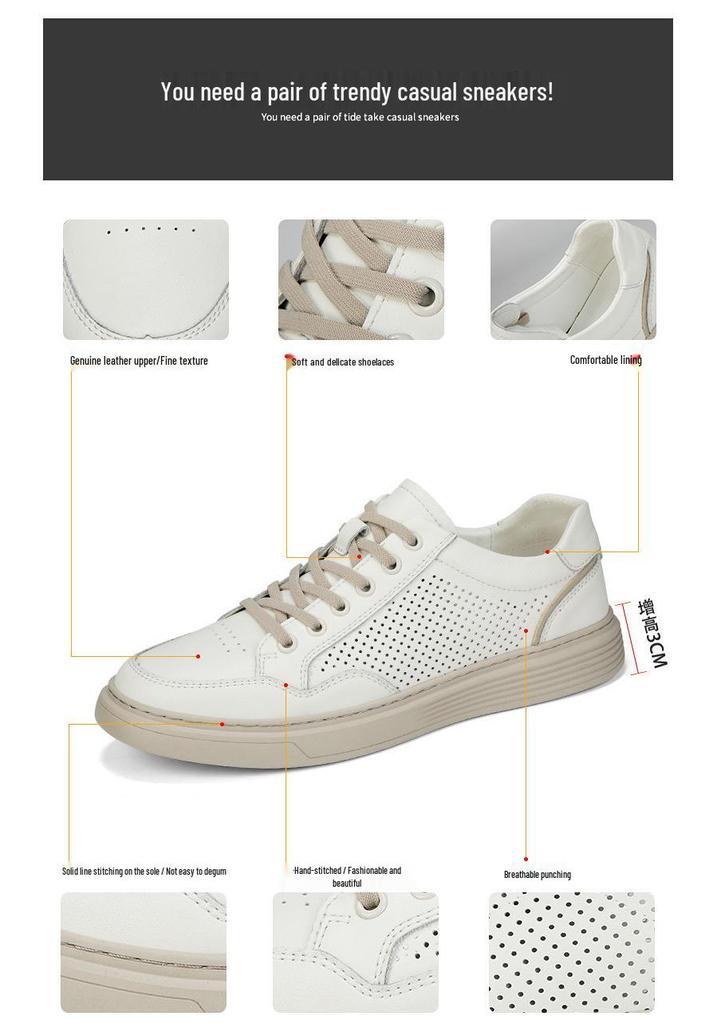 Men's Summer Perforated Leather Sneakers - Breathable Genuine Cowhide with Thick Sole
