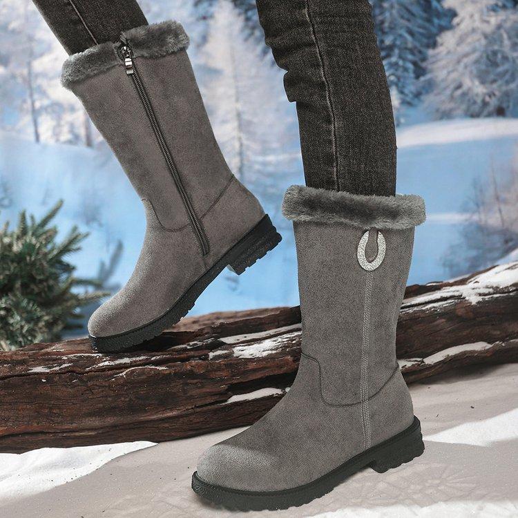 Damen-Winterstiefel mit halbhoher Wade, warme, mit Kunstpelz gefütterte, rutschfeste Stiefel aus Wildlederimitat mit seitlichem Reißverschluss, hohe Stiefel für Damen mit runder Zehenpartie und flauschigem, klobigem Absatz