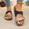 Sandales plates rétro géométriques à boucle métallique pour femmes, à bout ouvert, chaussures d'été pour la plage, pantoufles pour femmes