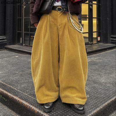 Automne Printemps Hommes Fermeture Éclair Taille Décontracté Côtelé Pantalon Long Jambes Larges