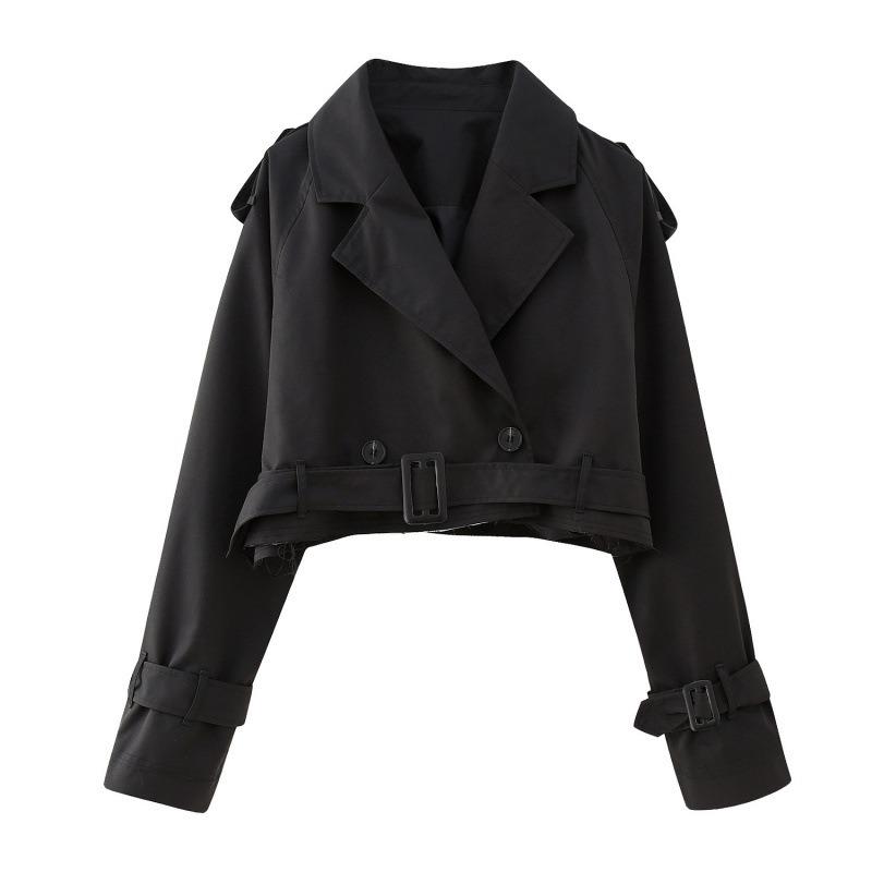 Damen Europäischer Stil Langarm Kurz geschnitten Gürtel Casual Windbreaker Mantel