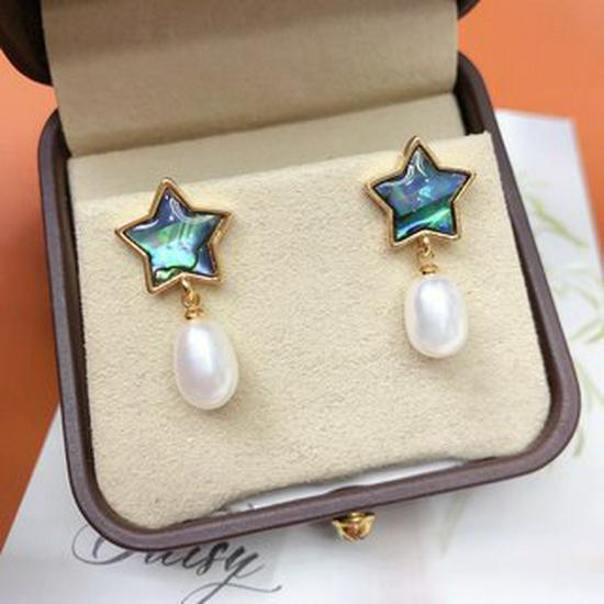 Freshwater Pearl & Abalone Shell Rice-Shaped Dangle Earrings - Light Luxury Retro Chinese Style, 7-8mm Studs