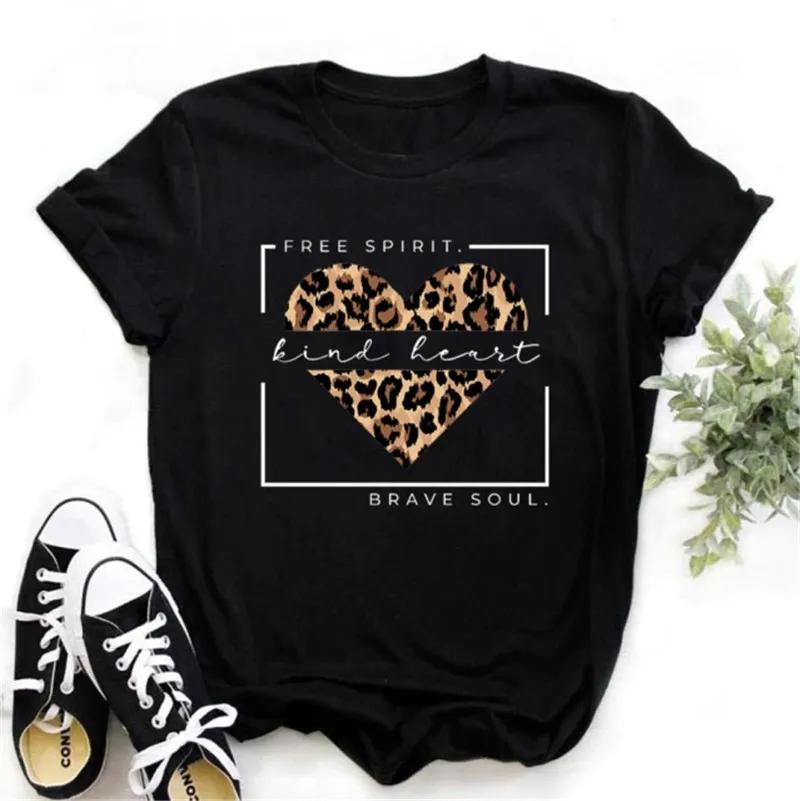 Leopard Love Heart Print Women Fashion T Shirt Black Female Short Sleeve Graphic Tops Women Sleeved Harajuk Streetwear Casual