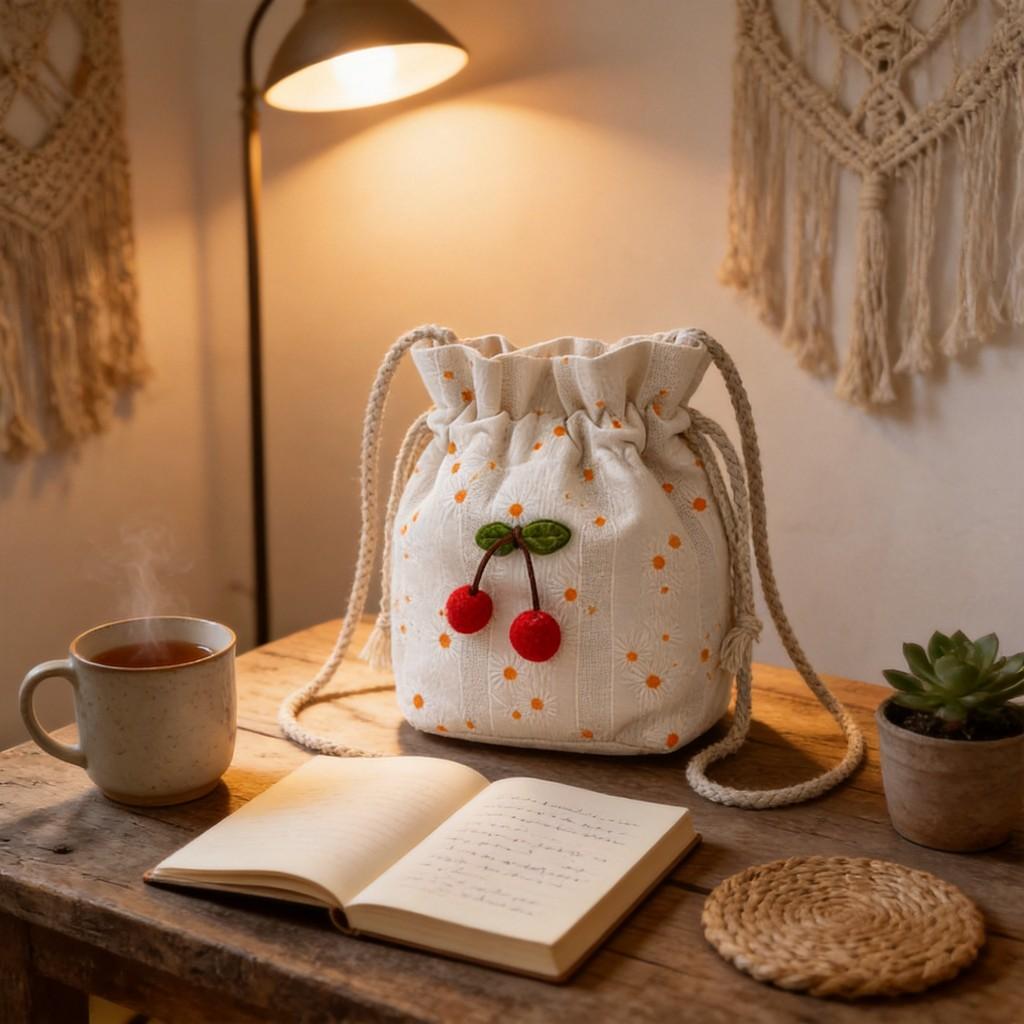 Canvas Bucket Bag For Women With Floral Design And Drawstring Closure For Daily Wear