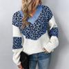 Women's  Solid Color Patchwork Leopard Print Long Sleeve Pullover Women's Knit Sweater