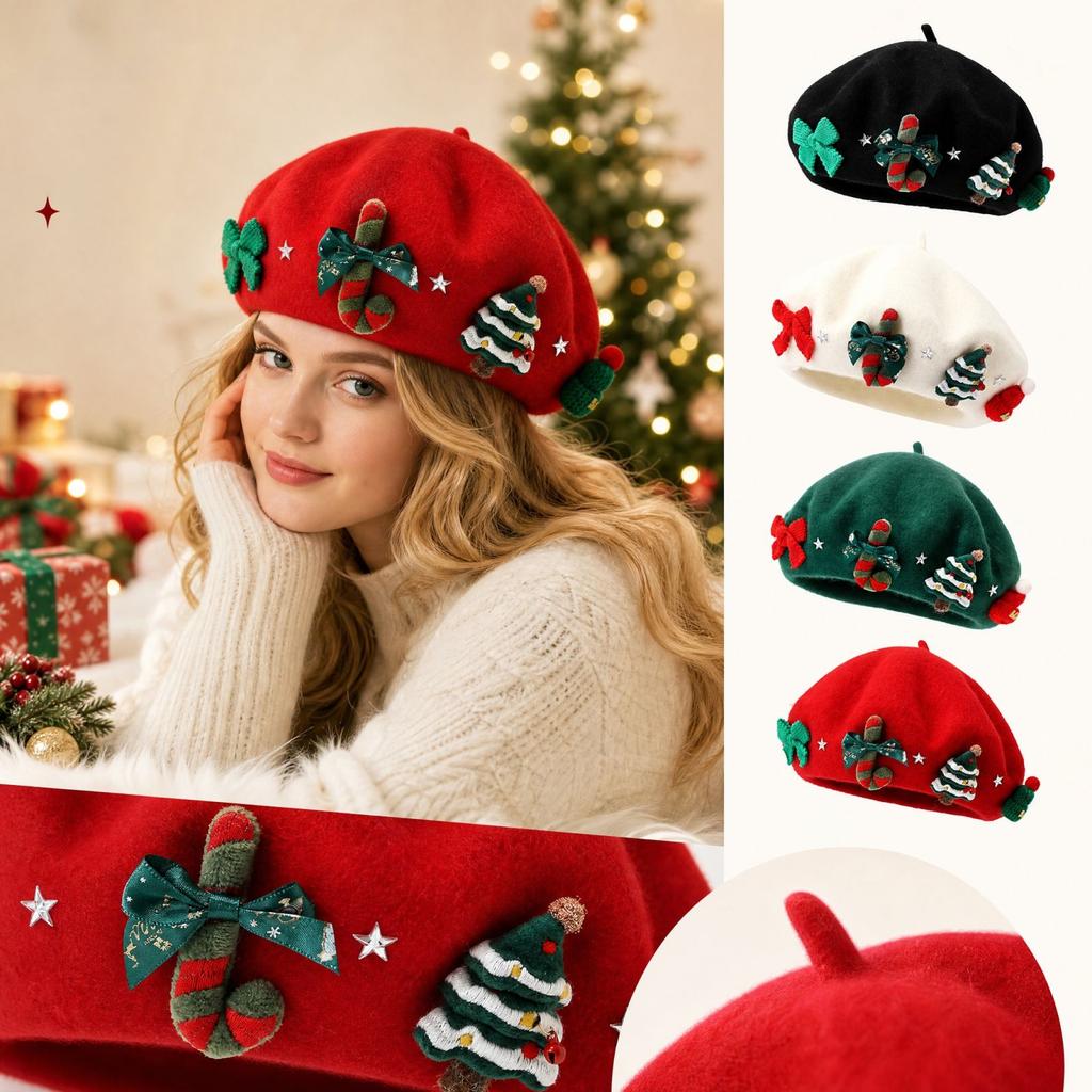 Women's Christmas Beret Hat with, Warm Painter for Winter and Holiday Outfits