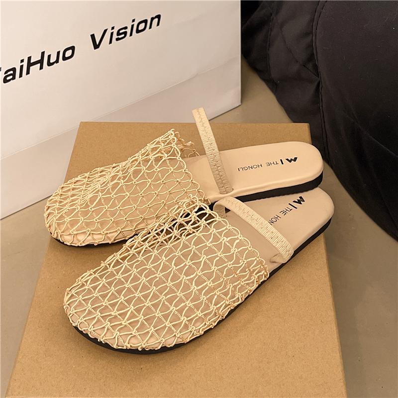 Fashion French Style Mesh Trimming Soft-soled Slippers for Women 2025 Summer New Outdoor Beach Vacation Rome Semi-slippers Sandals