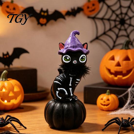 Creative Halloween Home Accents Pumpkin Witch Hat Black Cat Ornament, Resin Desktop Skeleton Festive Holiday Showcase Decor Statue, Cartoon