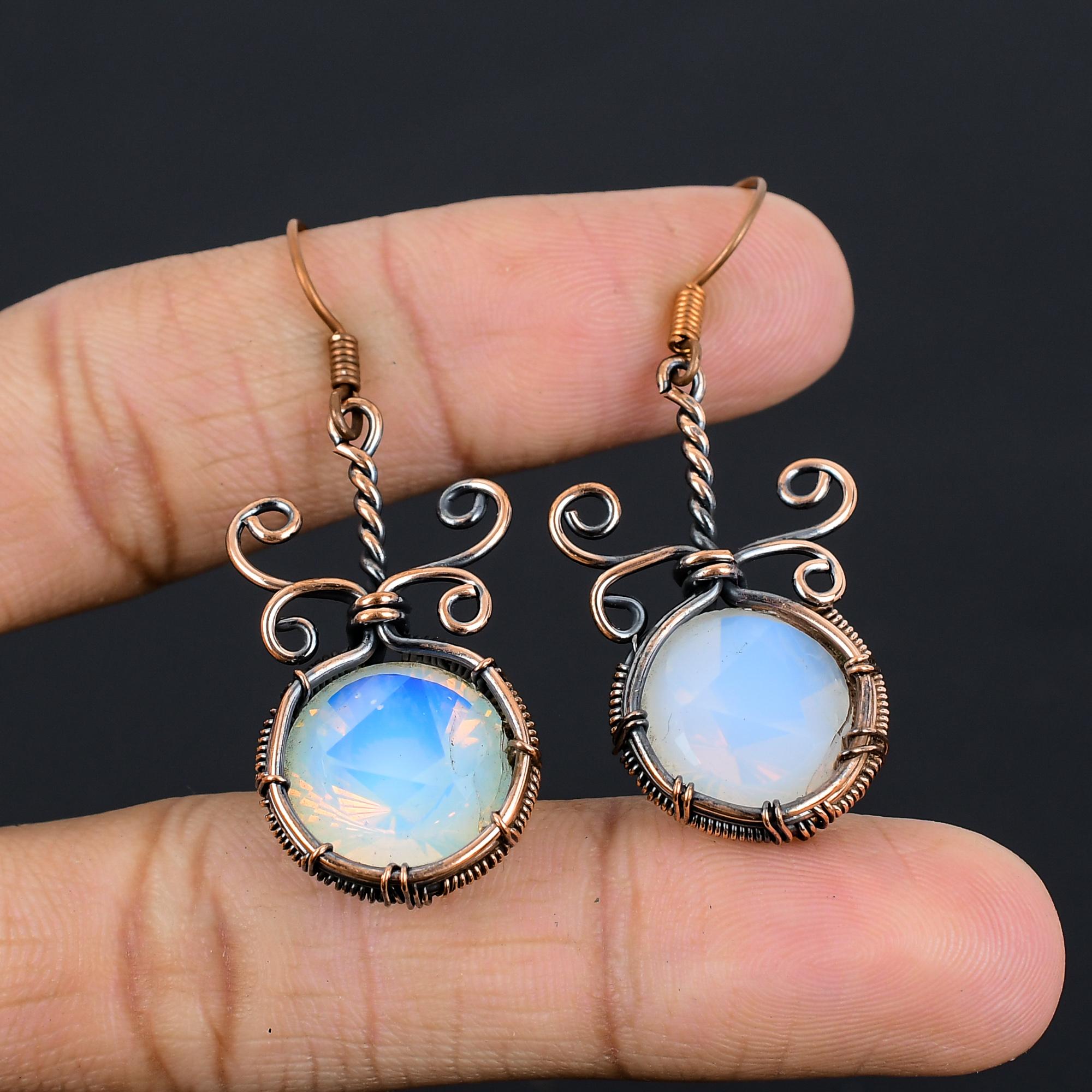 

Milky Opal 999 Copper Wire Wrapped Earrings, Handmade Gemstone Earrings Jewelry, Gifts For Wife Brand New Earrings 2.55 Inches