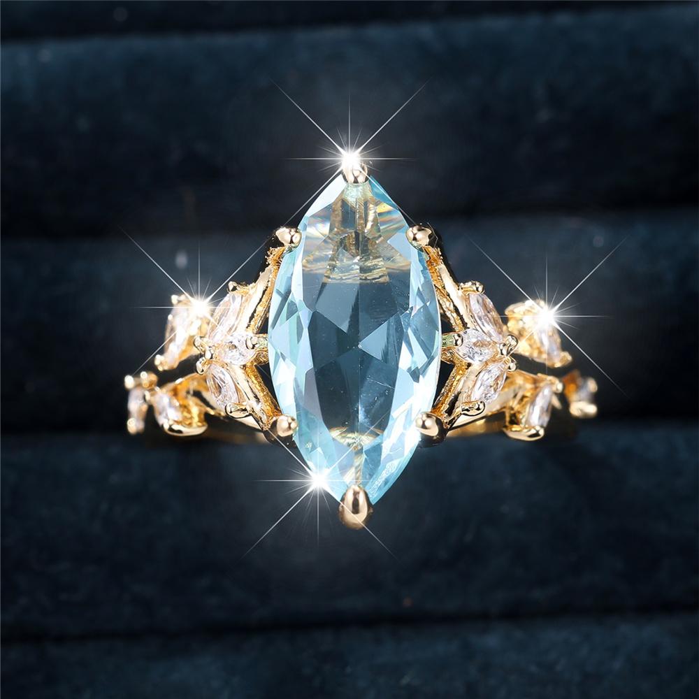 Luxury Female White Tree Leaf Blue Round Zircon Stone Ring Dainty Gold Color Wedding For Women