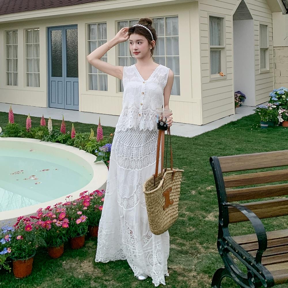 

Dimanaf 2025 Женский новый костюм юбка вязаный пляжный без рукавов кружевной ажурный сексуальный О-образный вырез ажурный летний стиль топы футболки свободные базовые One Size белый