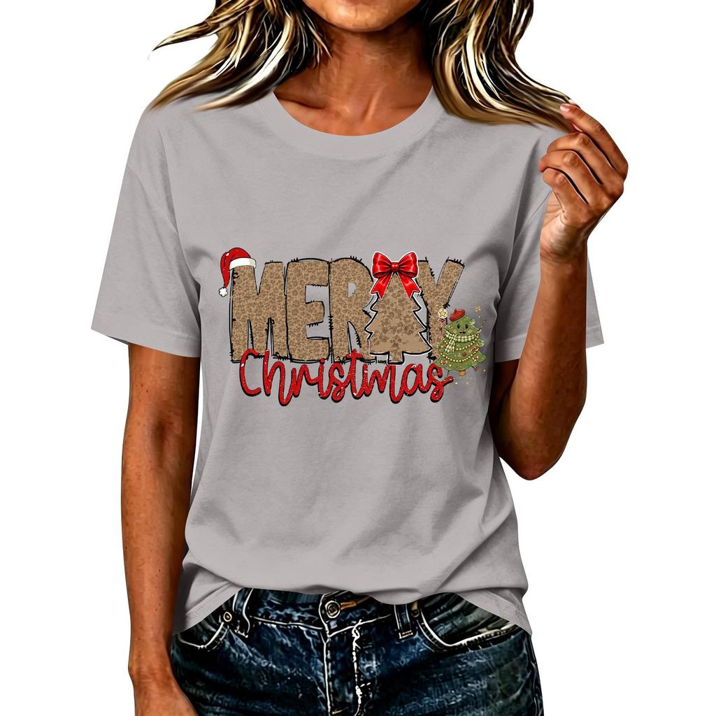 Damen Casual Weihnachten Bedrucktes Kurzarm-T-Shirt mit festlichem Feiertagsdesign