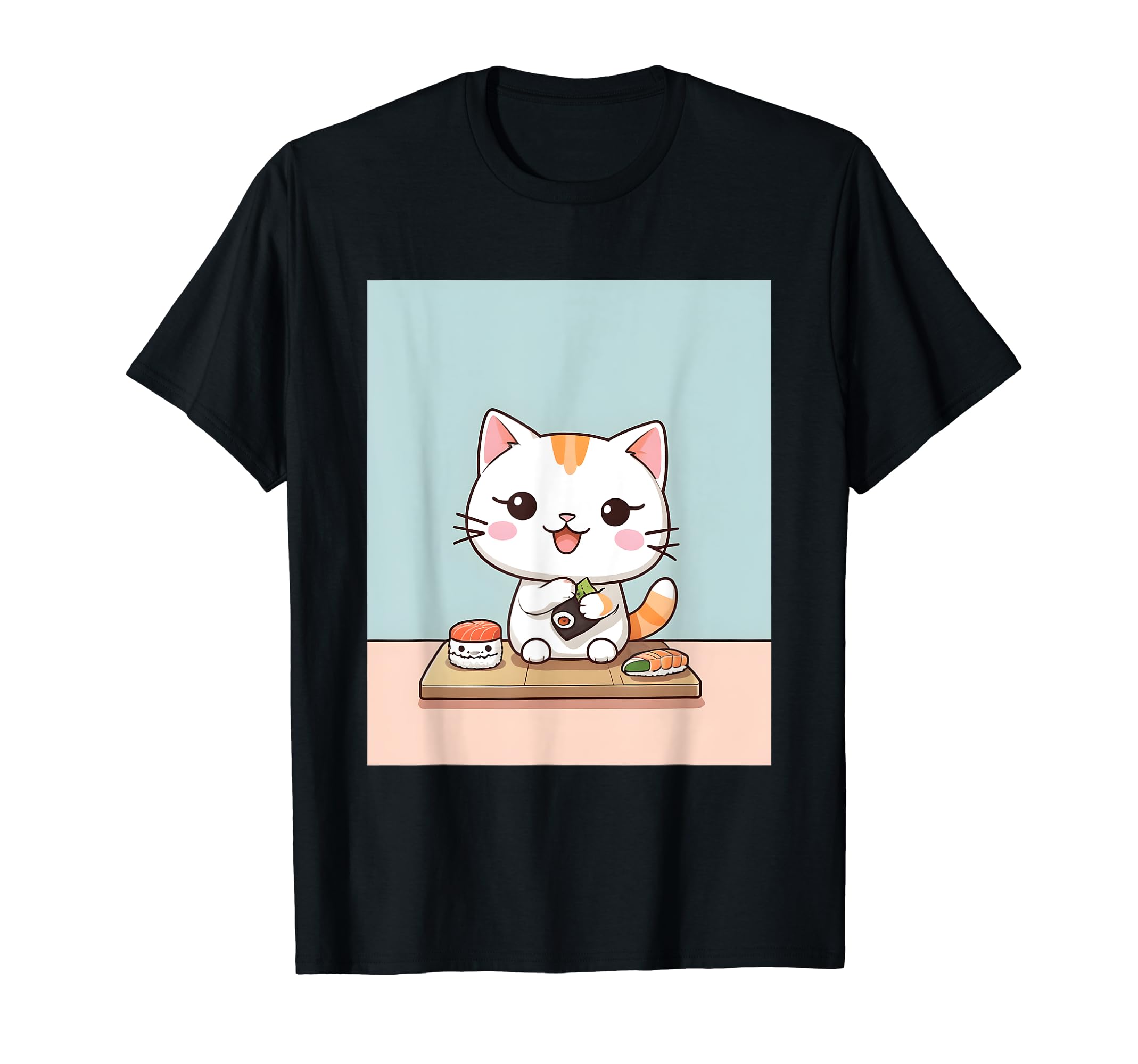 

вещи с принтом Каваий, кошка, суши, милый, просо, японский, футболка чёрный
