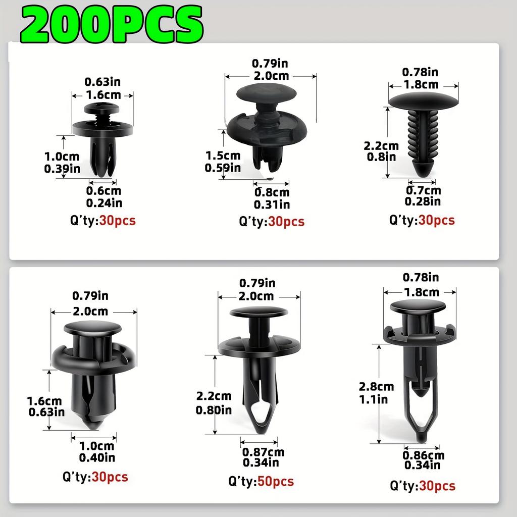 200 General Purpose Automotive Retaining Clips - 6mm, 7mm, 8mm, 9mm, 10mm - Mixed Types, Bumper Push RivetsAutomotive Parts Removal Tools