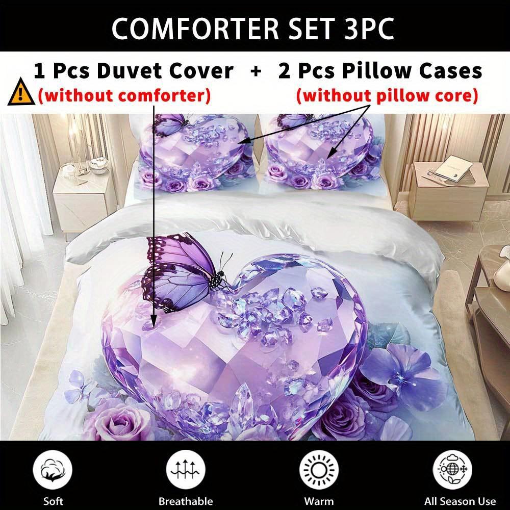 3pcs Purple Beding Set Diamond Heart Rose Buterfly 3D Print Cozy Soft Duvet Cover King Quen Twin Sized Dimensions Birthday Gift Bedrom Decor