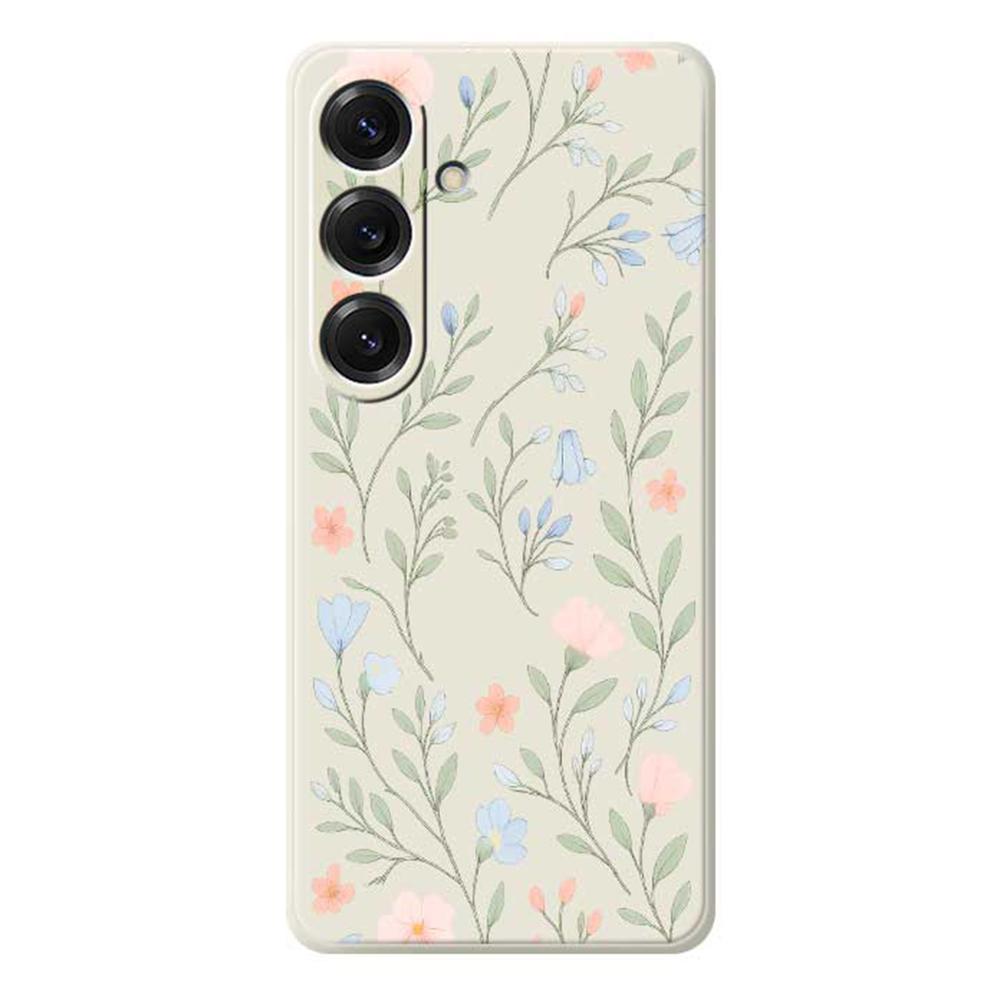 

For Samsung Galaxy S25 Case Pink Blue Flowers Pattern Printing Straight Edge TPU Phone Back Cover Beige