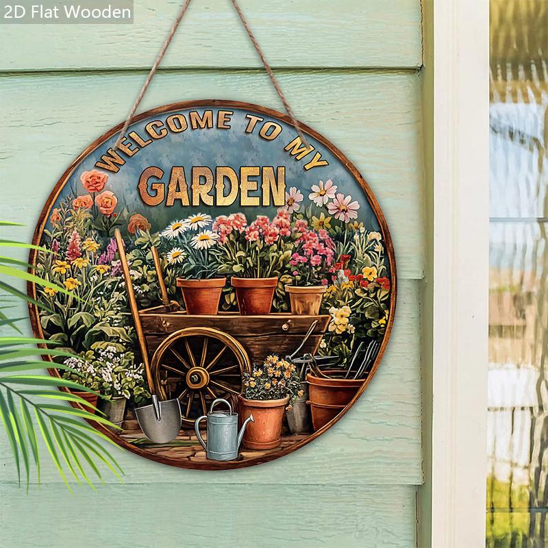 Vintage Wooden Welcome Sign with Garden Bonsai Pattern - Unique Round Sign for Front Door, Wall, Porch Hanging Decor - Ideal Home Hanging Ornament