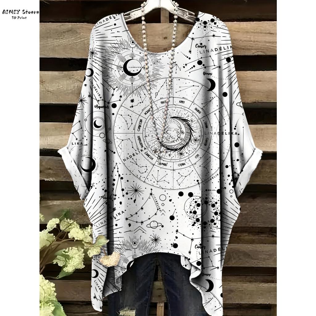 Dam Elegant Bohemisk T-shirt med Stjärnklar Natt-tryck Vit Överallt Prickar med Asymmetrisk Fåll, Rund Hals Casual Mode Damer