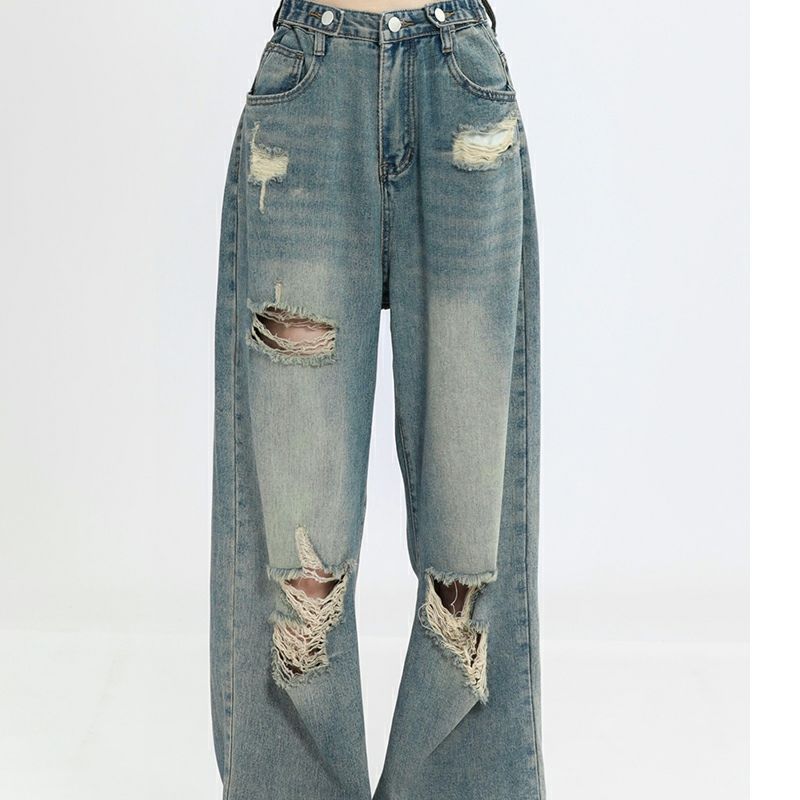 Oversized American Style Distressed Jeans for Women High Waisted Straight Leg Loose Fitting Jeans for Slimming and High Street Vibe Wide Leg Mop Pants