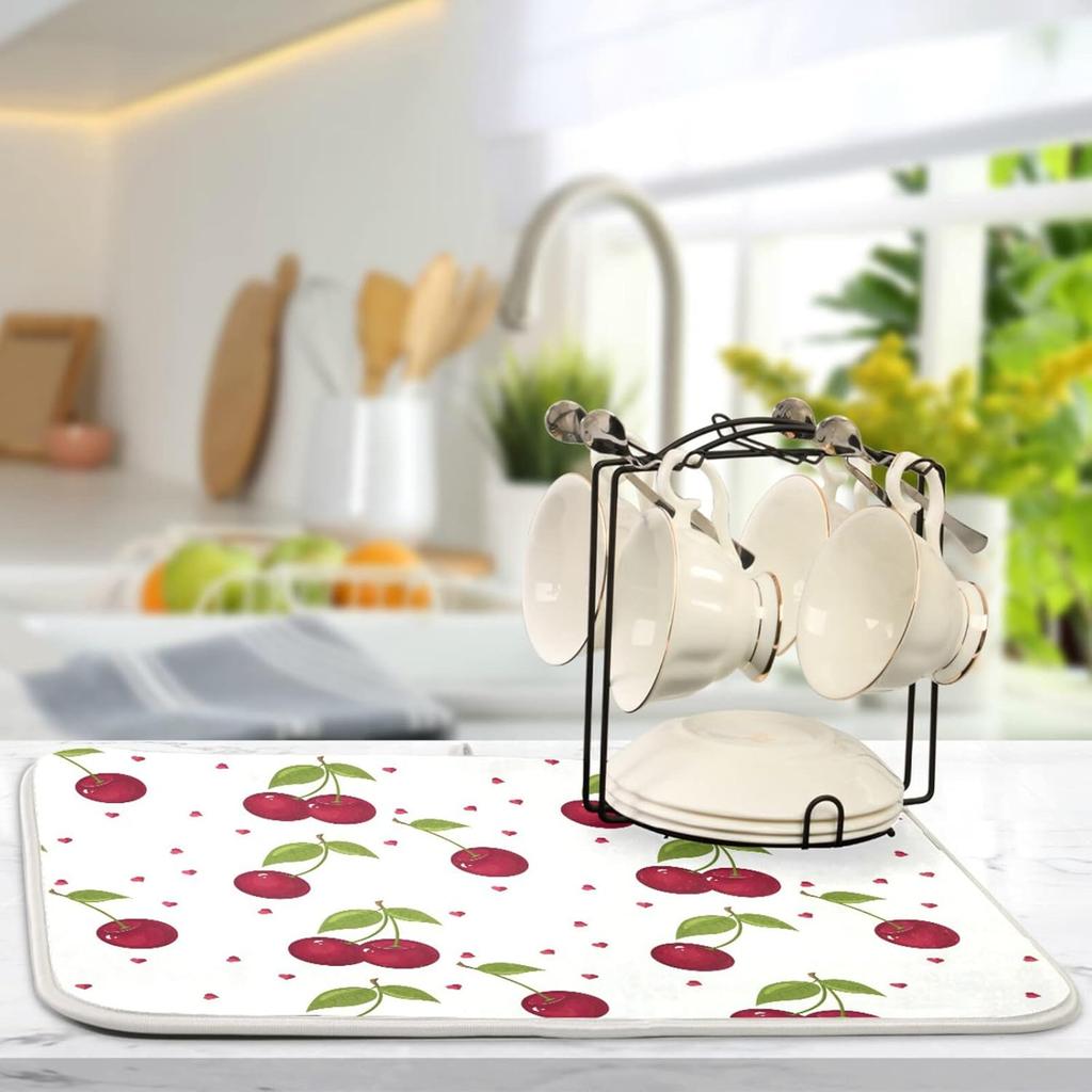 xigua Cute Cherry Fruit Dish Drying Mat for Kitchen Counter, Absorbent Microfiber Dishes Drainer Mats, Tableware Protector Dish Drying Pad 16x18in
