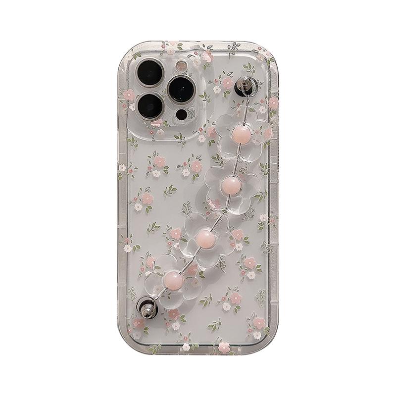Cute 3D Flower Wrist Phone Chain Soft Phone Case For Iphone 15 14 12 13 11 Pro Max Plus Pink Flower Clear Lens Protective Cover