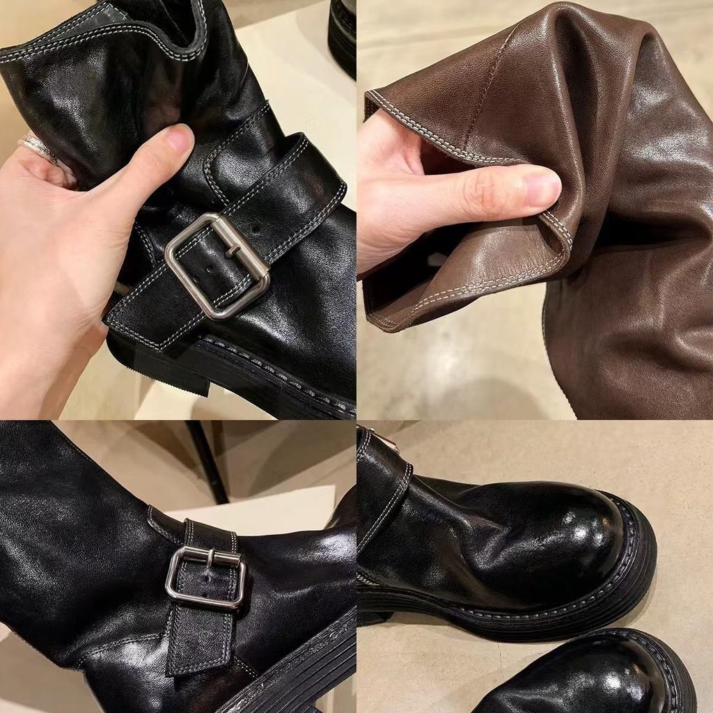 Sheepskin Version~ Washed Leather Round Head Thick Heel High Boots Women's Wide Tube Thick Sole Versatile Knight Boots Martin Boots Long Boots