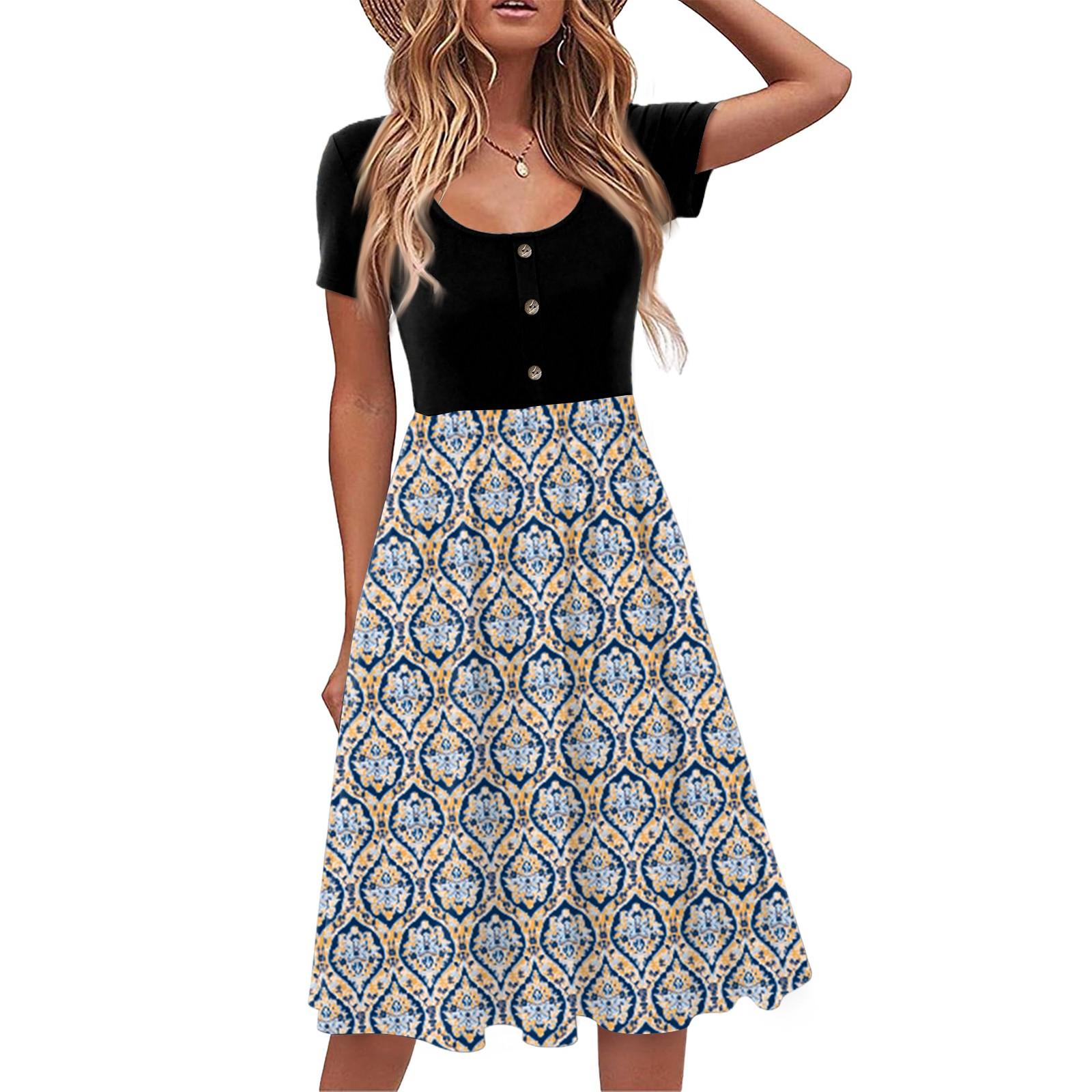 Fashion Women Summer Vintage Floral Dress Elegant Short Sleeve Midi Dress XL