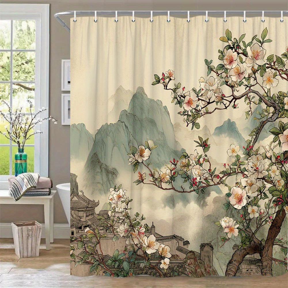 

1pc East Asian Landscape Shower Curtain - Misty Mountains, Flowering Branch & Ancient Temple Design, Watercolor Style Soft Muted 90x180cm