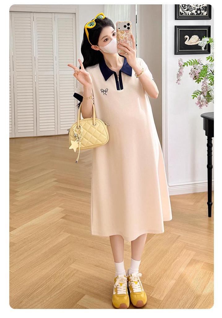 Summer 2026 Maternity Color-Block Zipper Polo Dress - Casual Loose A-Line Mid-Length Skirt