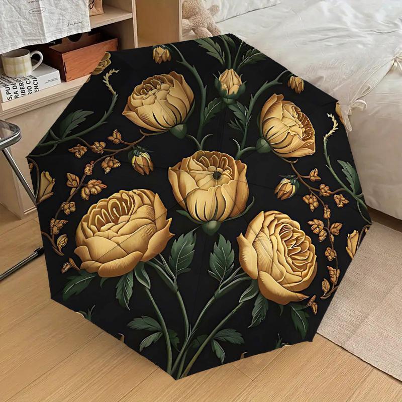 1 Stück Blumenmuster Goldene Rosen Regenschirm - 8 Speichen verstärkt, Automatisches Öffnen, Leicht & Langlebig, Niedliches Modeaccessoire für Draußen - T325