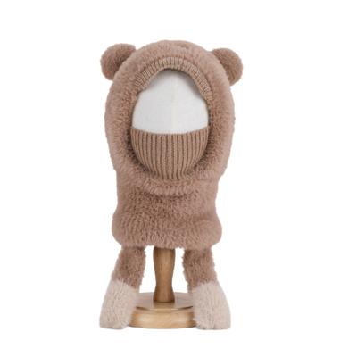 Dětská čepice s šálou chránící obličej Plyšová vnitřní podšívka Jednobarevná Tvar medvídka Teplá Větruodolná Pletená čepice Podzim Zima Venkovní nošení