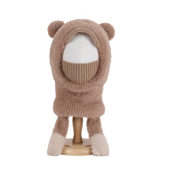 Kids Hat with Face Guard Scarf Plush Inner Lining Solid Color Bear Shape Warm Windproof Knit Hat Autumn Winter Outdoor Wear