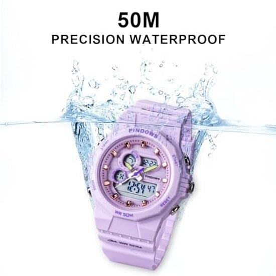 PINDOWS womens wristwatch 50M waterproof specification outdoor digital sports watch multifunctional LED backlight calendar alarm stopwatch.