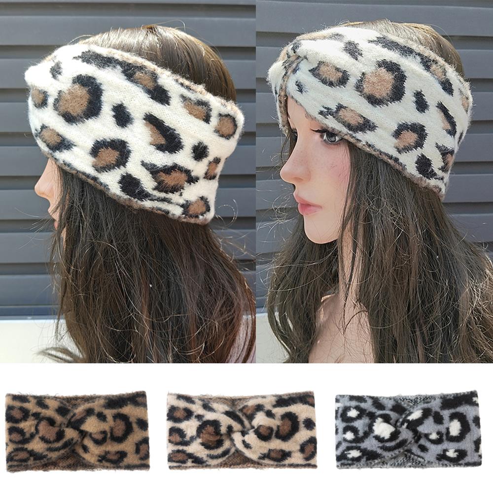 Plush Leopard Print Cross Headband For Women Korean Style Wool Knitted Chunky Hairband Fashion Wide side Turban Hair Accessories