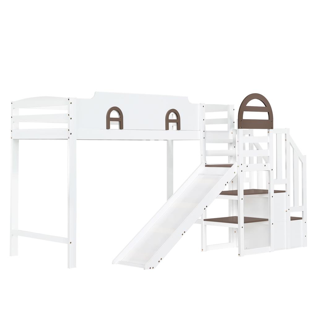 Bunk Bed, Children's with Window, with Slide, Stairs with Handrail, with 2 Lockers, Ample Storage Space, Pine+MDF, White+Brown, 90x200cm