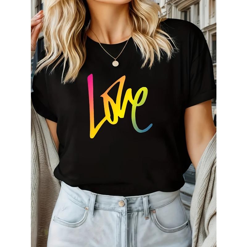 

Rainbow LOVE Letter Print Black Short Sleeve T-Shirt Women s Versatile Fashion Top S чёрный